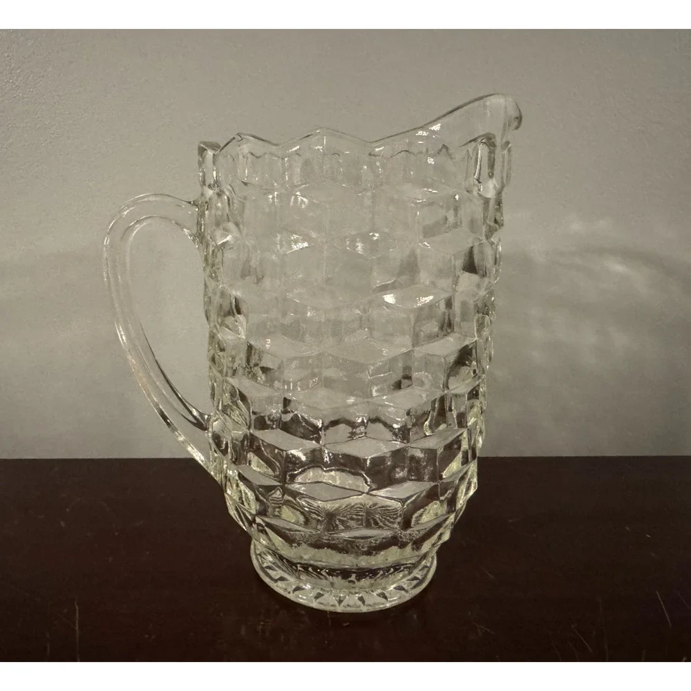 Indiana Glass Whitehall Cubist Pitcher Clear Glass 64 oz Cube Block Vintage